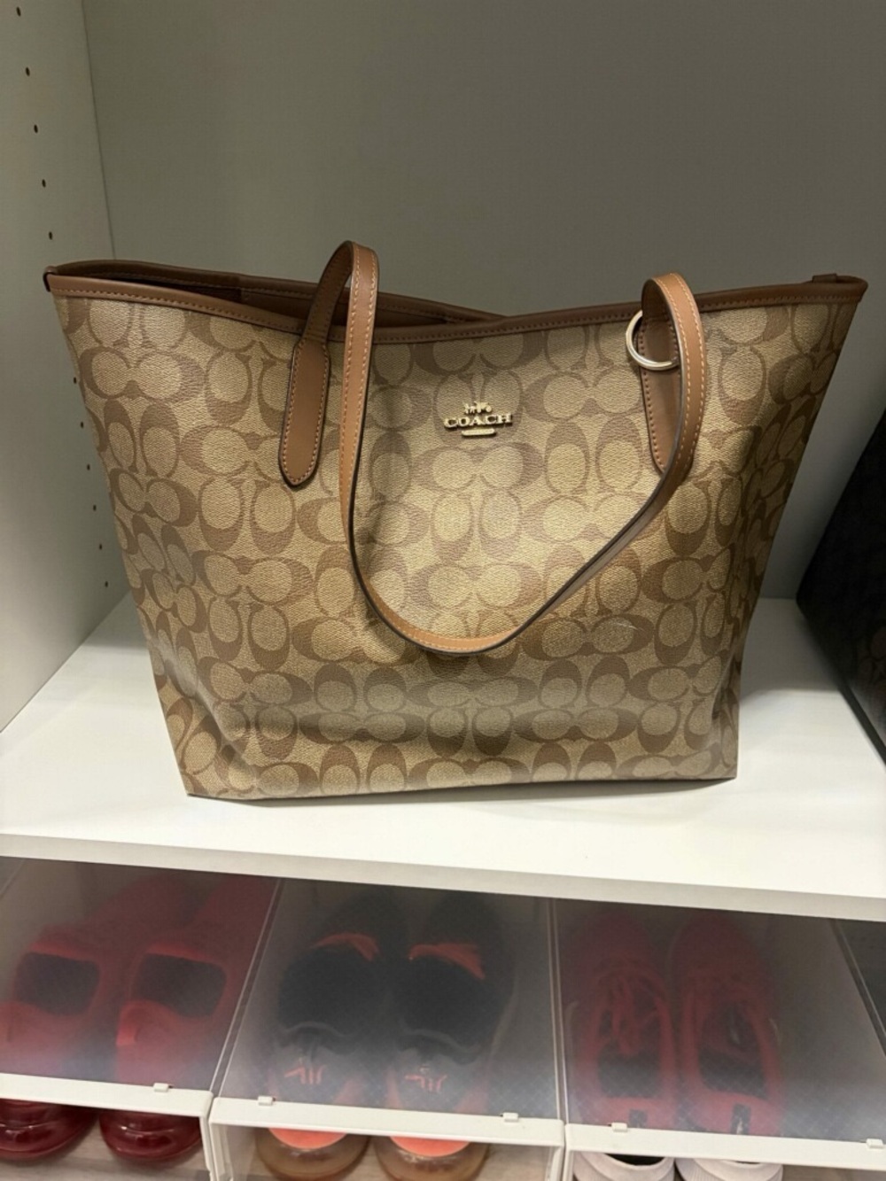 Coach Tan Signature Canvas Tote with Leather Trim